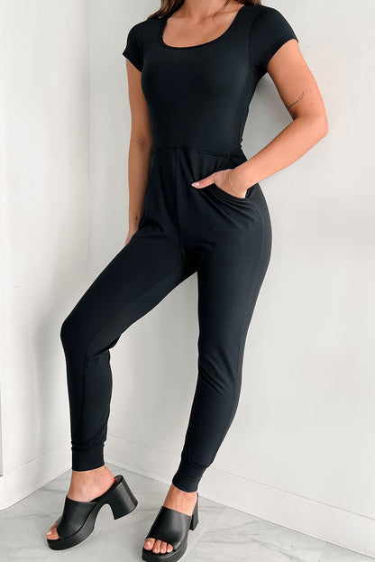 Black Short Sleeve Pocketed Athleisure Jogger Jumpsuit