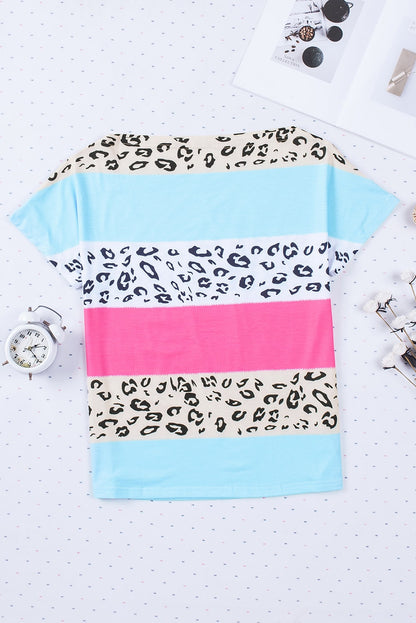 Leopard Print and Stripes Color Block Short Sleeve Boat Neck Top