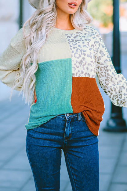 Cheetah Print Color Block Casual Pullover Long Sleeve Top