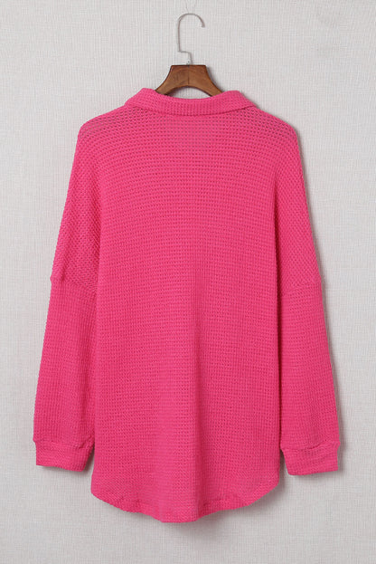 Hot Pink Pocket Buttons Front Waffle Knit Top