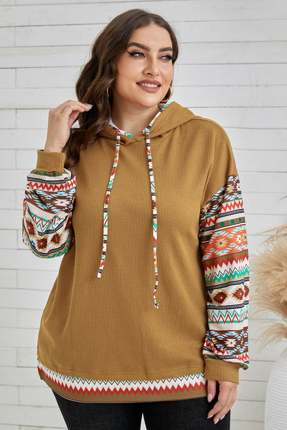 Khaki Texture Aztec Drop Sleeve Waffle Plus Size Hoodie