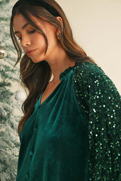 Evergreen Velvet Sequin Patchwork Sleeve Button Up Blouse