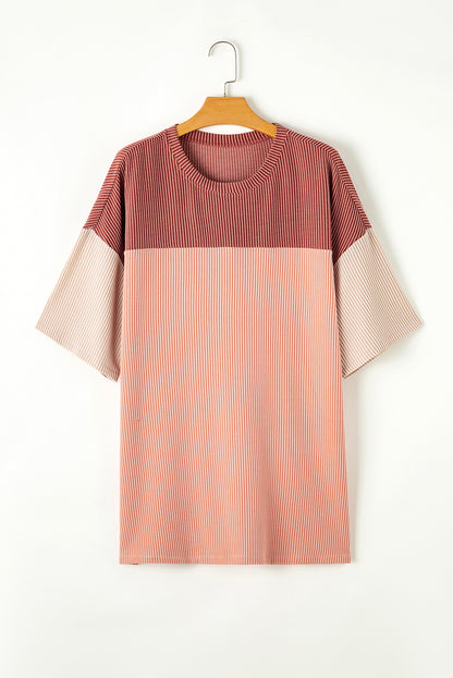 Rose Pink Plus Size Drop Sleeve Colorblock Ribbed T-shirt