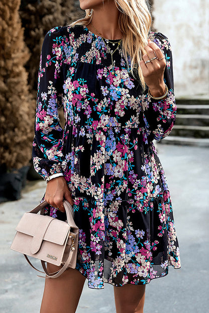 Black Boho Floral Long Sleeve Tiered Mini Dress