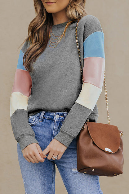 Rosy Color Block Casual Drop Sleeve Sweatshirt