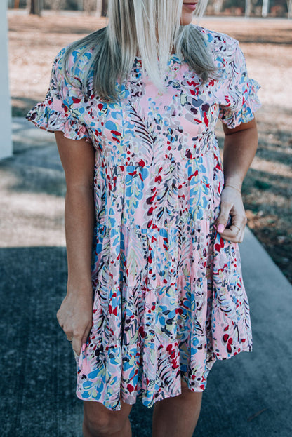 Pink Abstract Print Boho Tiered Ruffled Short Dress