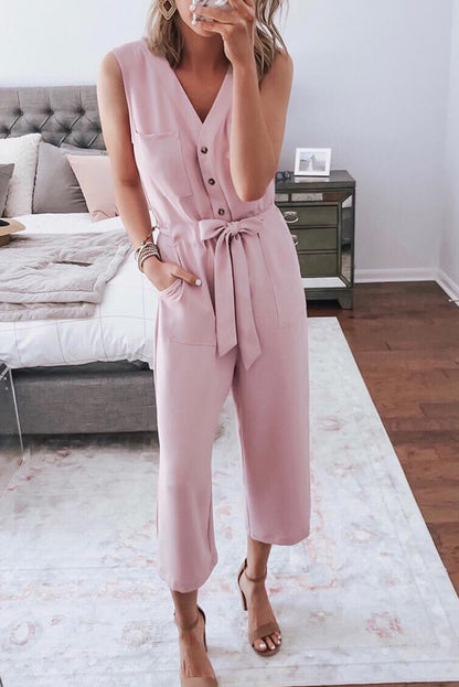 Pink Buttoned Sleeveless Cropped Jumpsuit With Sash