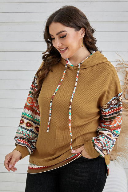 Khaki Texture Aztec Drop Sleeve Waffle Plus Size Hoodie