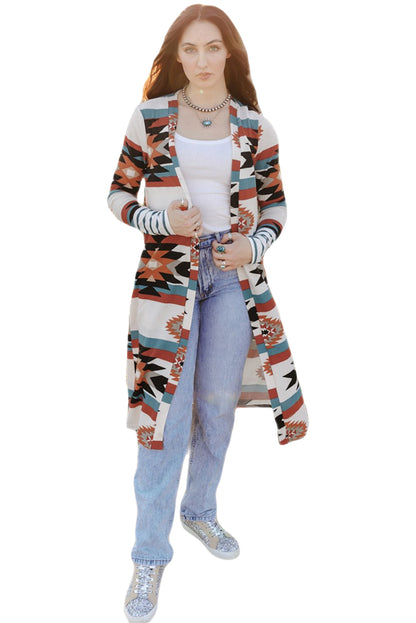 Multicolor Striped Cuffs Aztec Print Color Block Long Cardigan