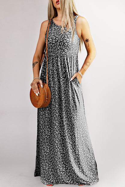 Sleeveless Floor Length Leopard Print Dress with Pockets