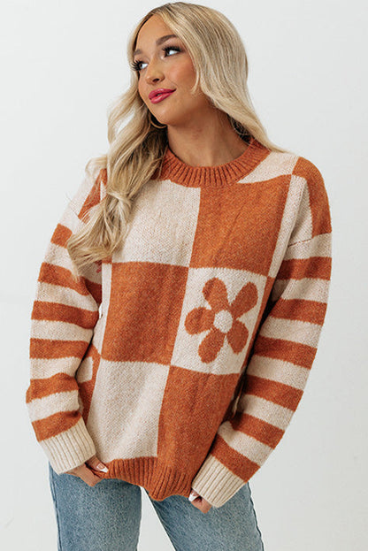 Brown Checkered and Striped Knitted Pullover Sweater