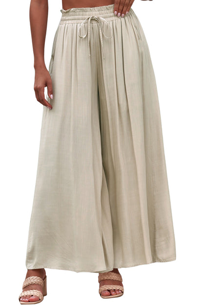 Gray Drawstring Smocked High Waist Wide Leg Pants