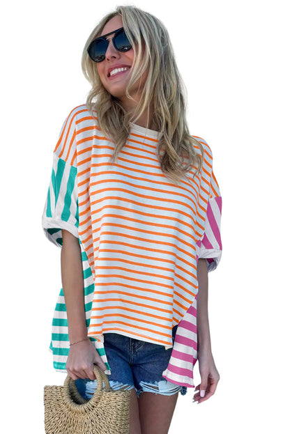 Blue Stripe Patchwork Slits Baggy T Shirt