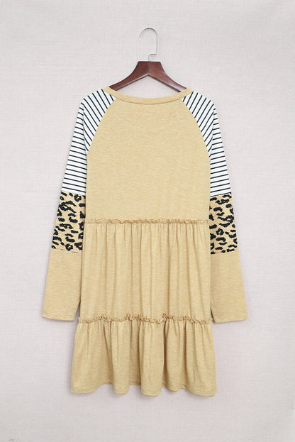 Khaki Striped Leopard Patchwork Long Sleeve Short Dress