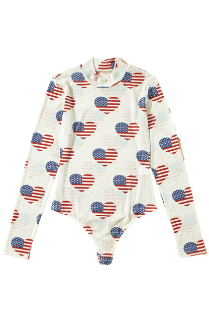 White Heart USA Flag Print Glitter Mesh Bodysuit