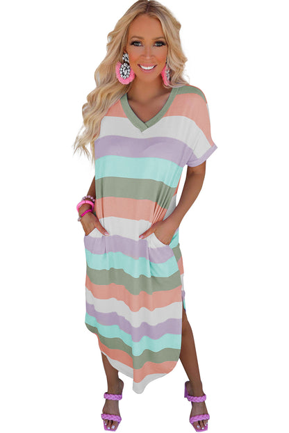 Multicolor Striped V Neck Side Slits T Shirt Dress with Pockets