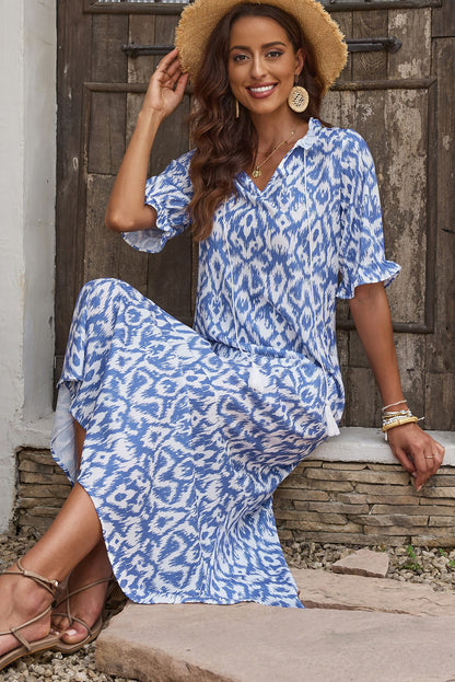 Pink Geometric Print Casual V Neck Maxi Dress