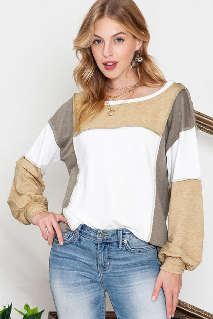 Khaki Color Block Exposed Seam Long Sleeve T Shirt