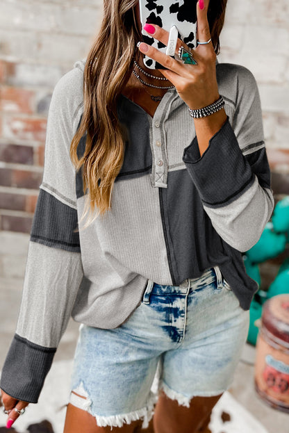 Gray Exposed Seam Ribbed Henley Hooded Long Sleeve Top