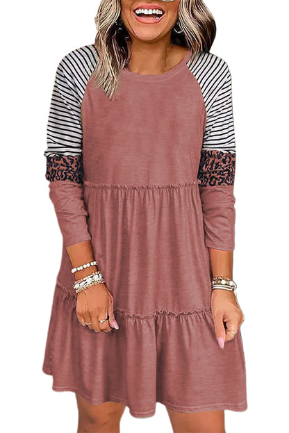 Khaki Striped Leopard Patchwork Long Sleeve Short Dress