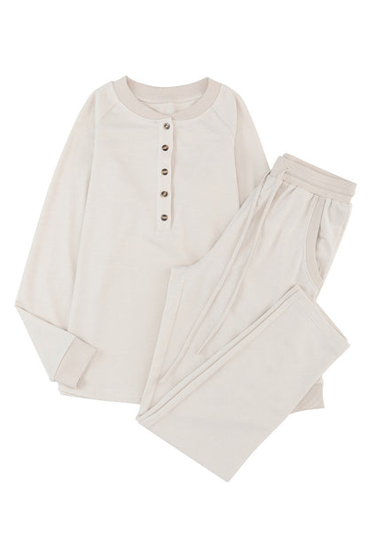 Apricot Long Sleeve Button Top & Drawstring Pants Set