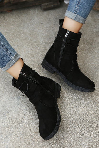 Black Faux Suede Zip Up Buckle Straps Ankle Boots