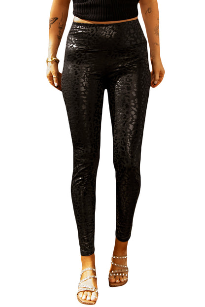 Black Shiny Leopard Casual Textured Leggings