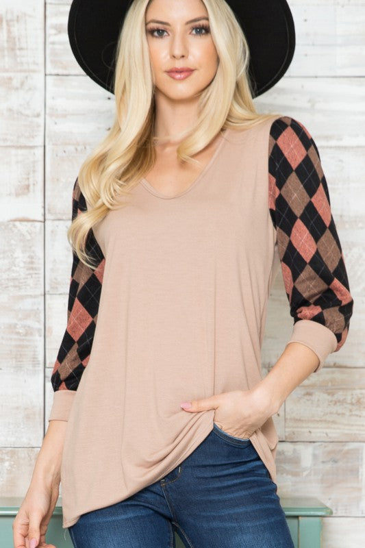 Solid Checker Contrast Long Sleeve V Neck Top