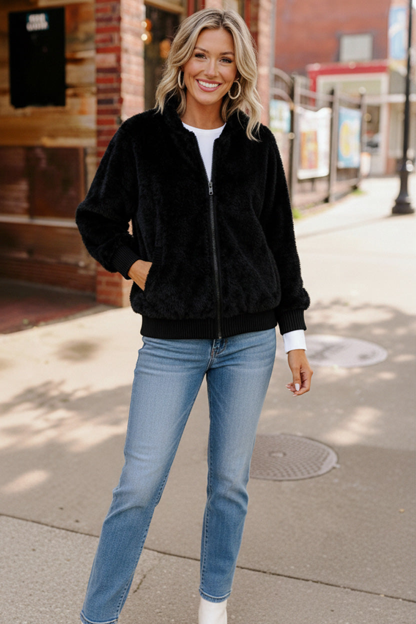 Black Cat Zip Up Faux Fur Coat