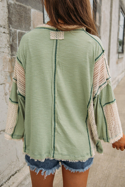 Grass Green Crochet Patchwork Exposed Seam High Low Loose Top