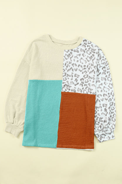 Cheetah Print Color Block Casual Pullover Long Sleeve Top