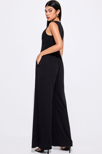 Black Plain Sleeveless Cinched Waist Wide Leg Jumpsuit