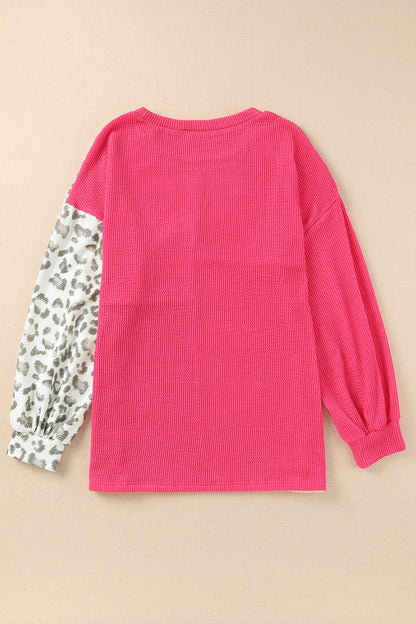 Cheetah Print Color Block Casual Pullover Long Sleeve Top