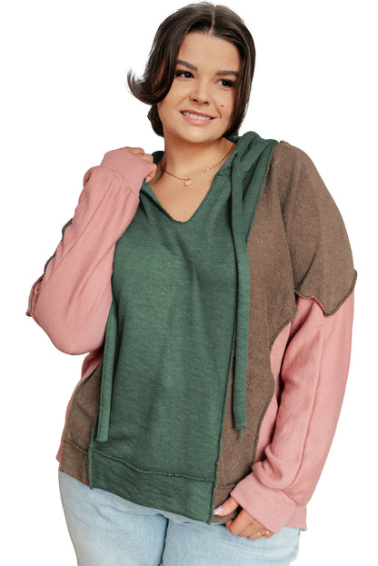 Breen Plus Size Exposed Seam Patchwork V Neck Hoodie