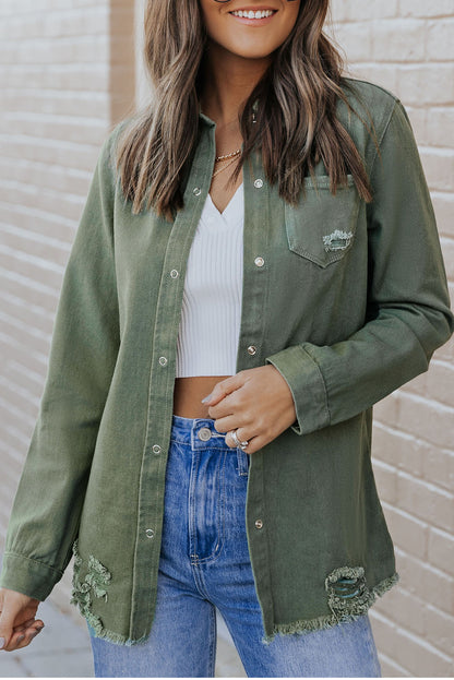 Light Blue Ripped Raw Hem Casual Button Up Denim Jacket