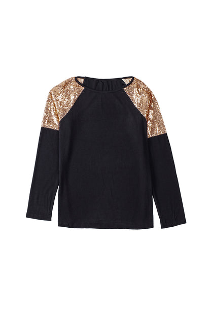 Black and Gold Raglan Sleeve Sequin Top Pullover Long Sleeve Shirt