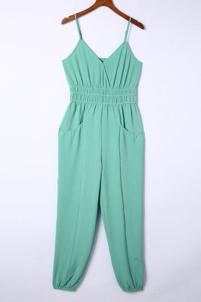 Shirred High Waist Sleeveless V Neck Jumpsuit