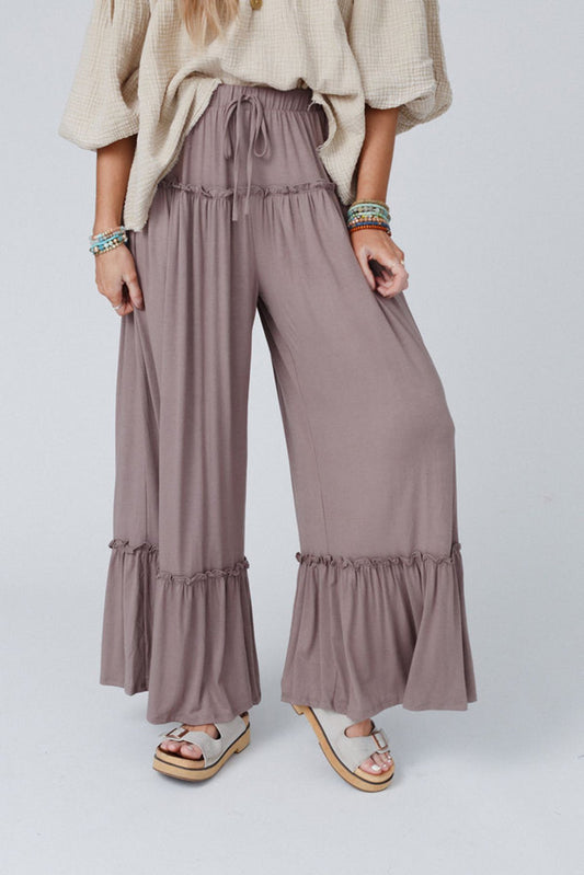 Khaki Frill Detail Drawstring High Waist Wide Leg Pants