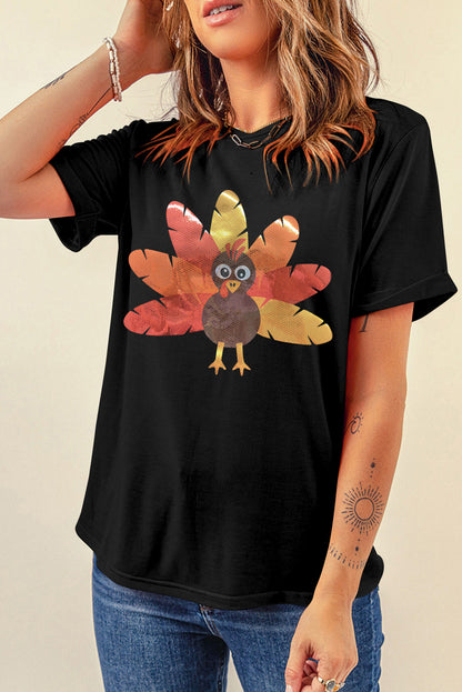 Blue Leafy Turkey Graphic Crewneck Thanksgiving T Shirt