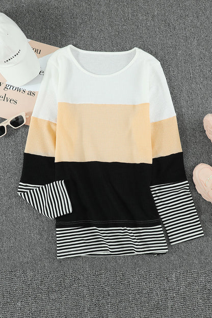 Color Block Stripes Trim Patchwork Casual Textured Long Sleeve Top