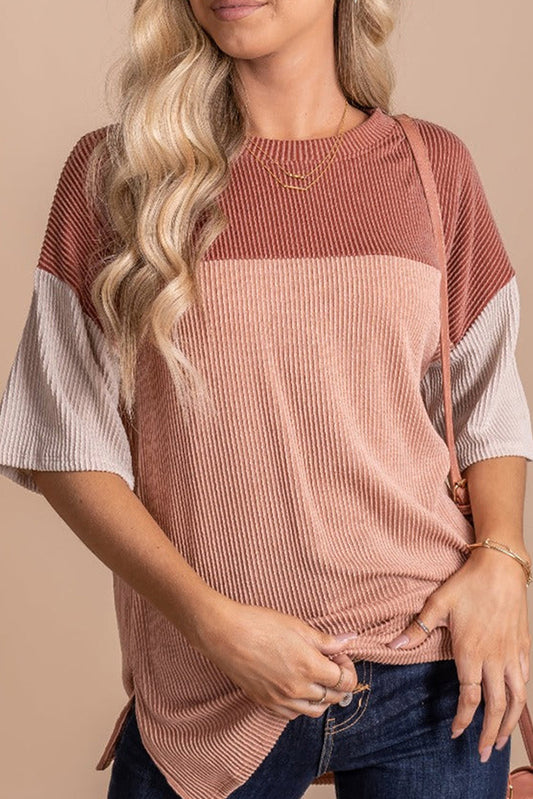 Rose Pink Plus Size Drop Sleeve Colorblock Ribbed T-shirt