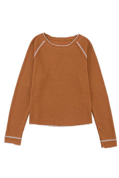 Brown Textured Crewneck Long Sleeve Top