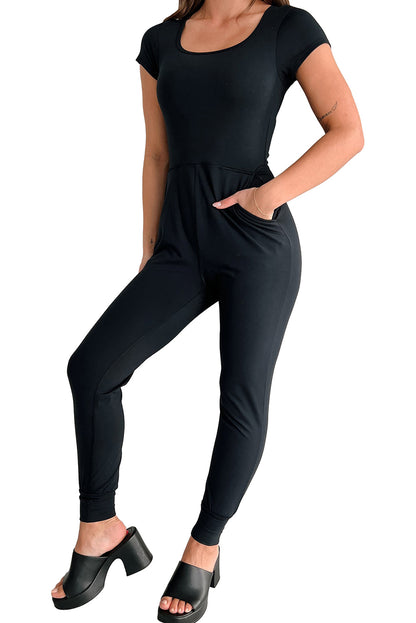 Black Short Sleeve Pocketed Athleisure Jogger Jumpsuit