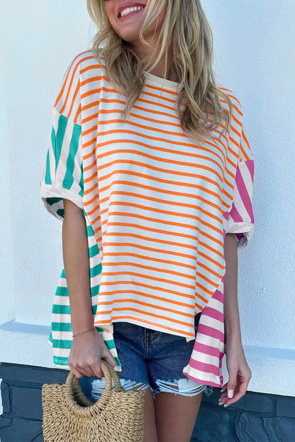 Blue Stripe Patchwork Slits Baggy T Shirt