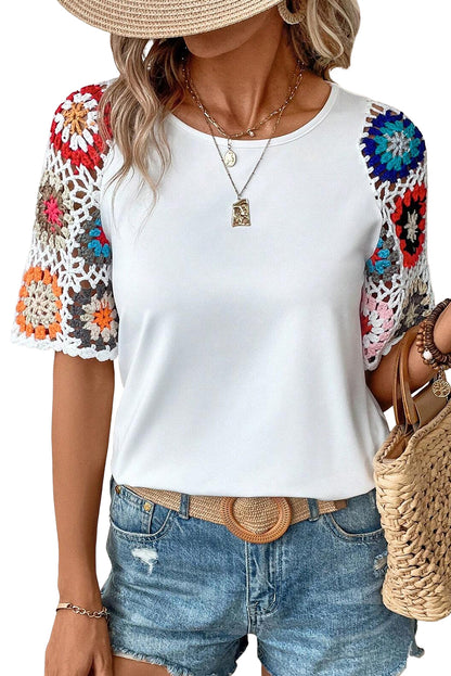 White Floral Hollowed Crochet Sleeve Boho Blouse