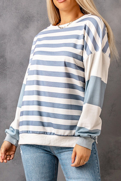 Blue Striped Casual Drop Shoulder Pullover Sweatshirt