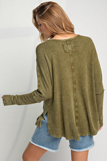 Green Acid Wash Exposed Seam Pullover Long Sleeve Top