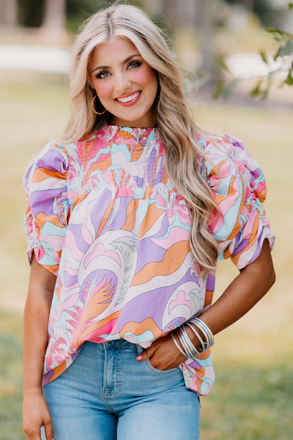 Pink Abstract Print Smocked Bubble Sleeve Blouse