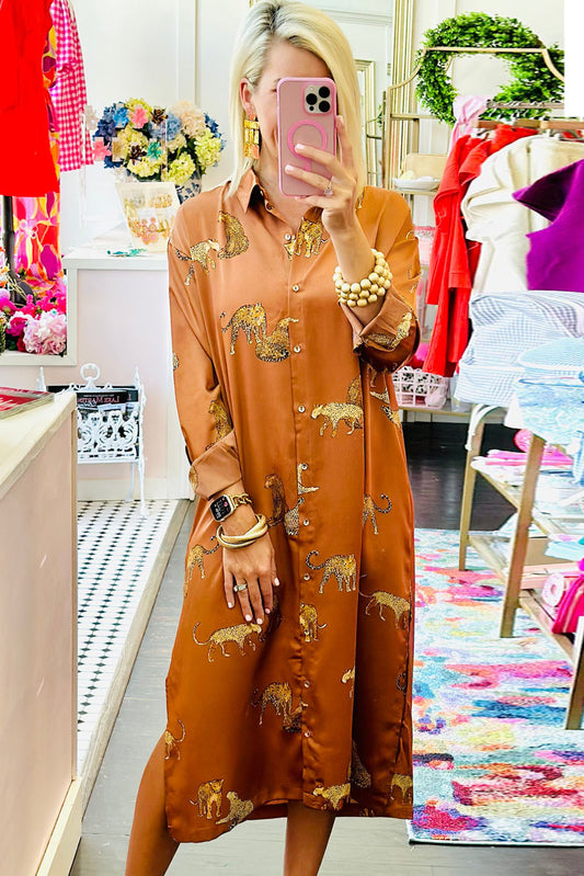 Yellow Animal Print Button-Up Split Maxi Shirt Dress