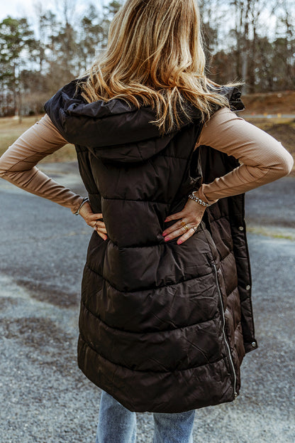 Brown Hooded Pocketed Quilted Long Vest Coat